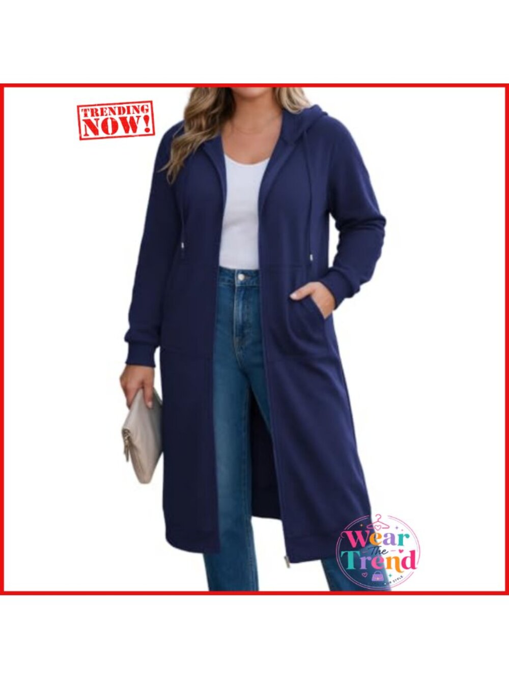 Plus Size Zip Up Hoodie Long Fleece Tunic Sweatshirt